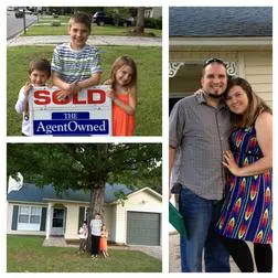 A collage of people in front of houses