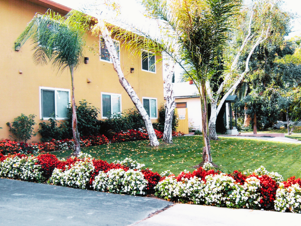 front green lawn red white flowers front windows