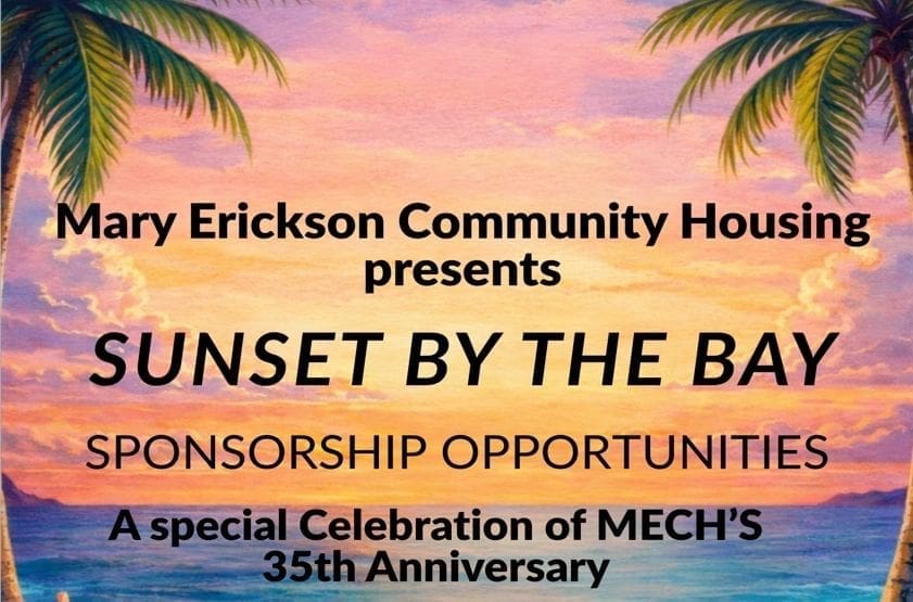Sunset event poster with palm trees.